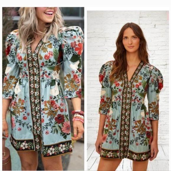 FARM Rio Light Blue Floral Puff-Sleeve Mini Dress - Picture 2 of 6